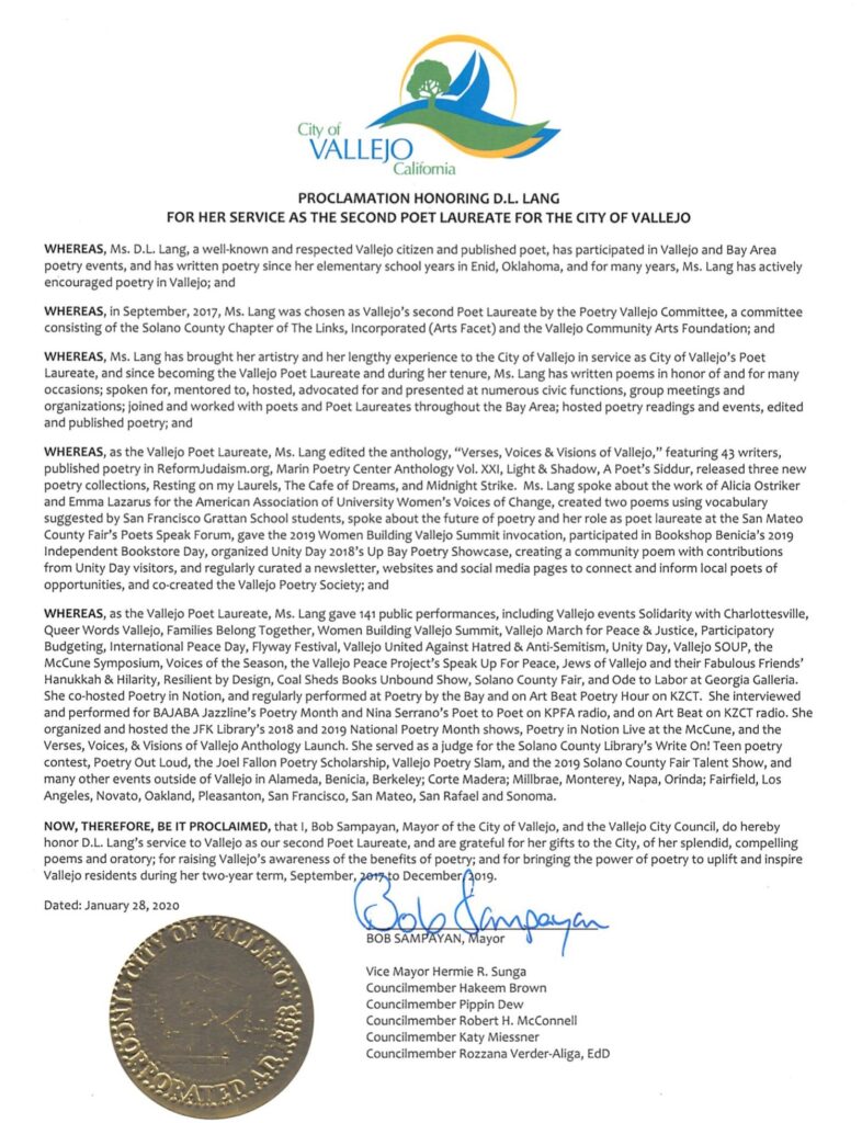 Proclamation honoring D.L. Lang for her service as the second Poet Laureate for the City of Vallejo