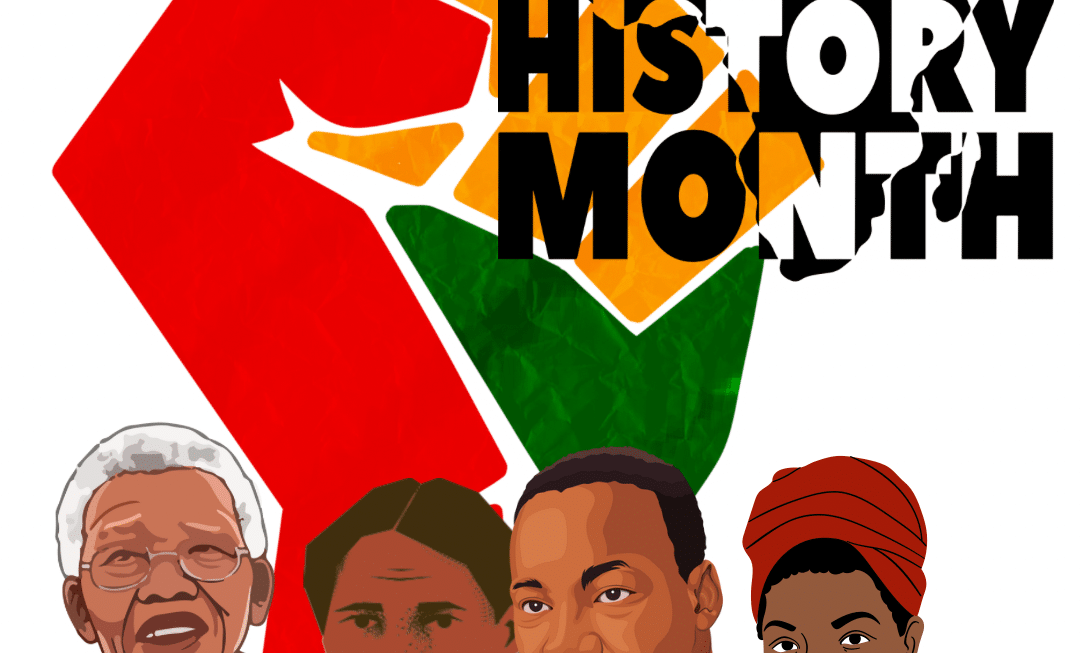Black history month image featuring MLK, Nelson Mandela, Harriet Tubman, and Maya Angelou.